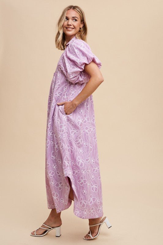 ANNIE WEAR - Pink Purple Floral Smocked Puff Sleeve Midi Dress