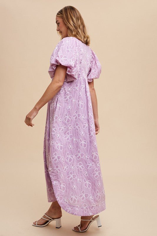 ANNIE WEAR - Pink Purple Floral Smocked Puff Sleeve Midi Dress