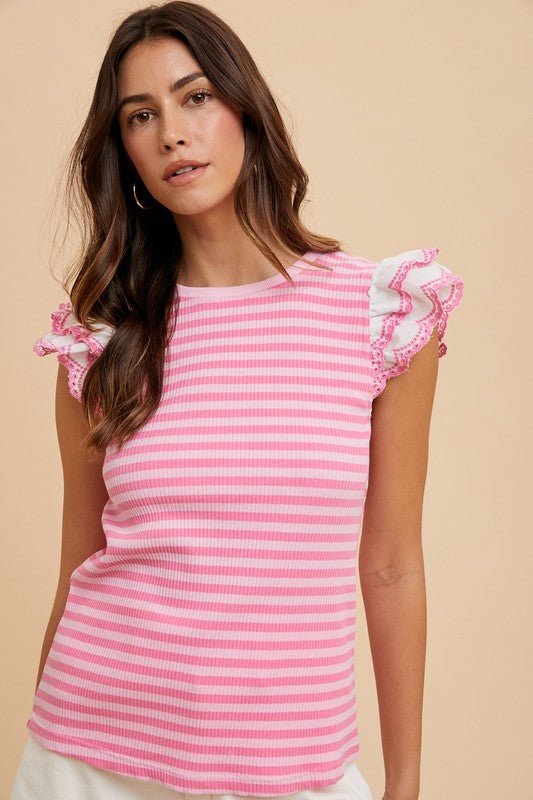 ANNIE WEAR - Pink Ruffled Striped Cap Sleeve Knit Top