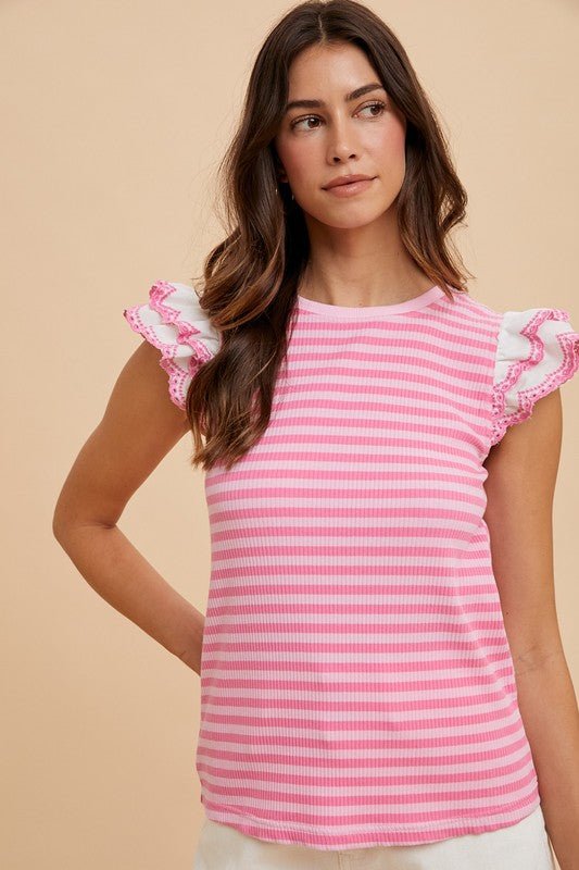 ANNIE WEAR - Pink Ruffled Striped Cap Sleeve Knit Top