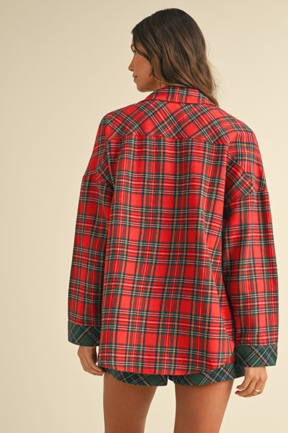 ANNIE WEAR - Red Plaid Long Sleeve Shirt & Shorts Lounge Set