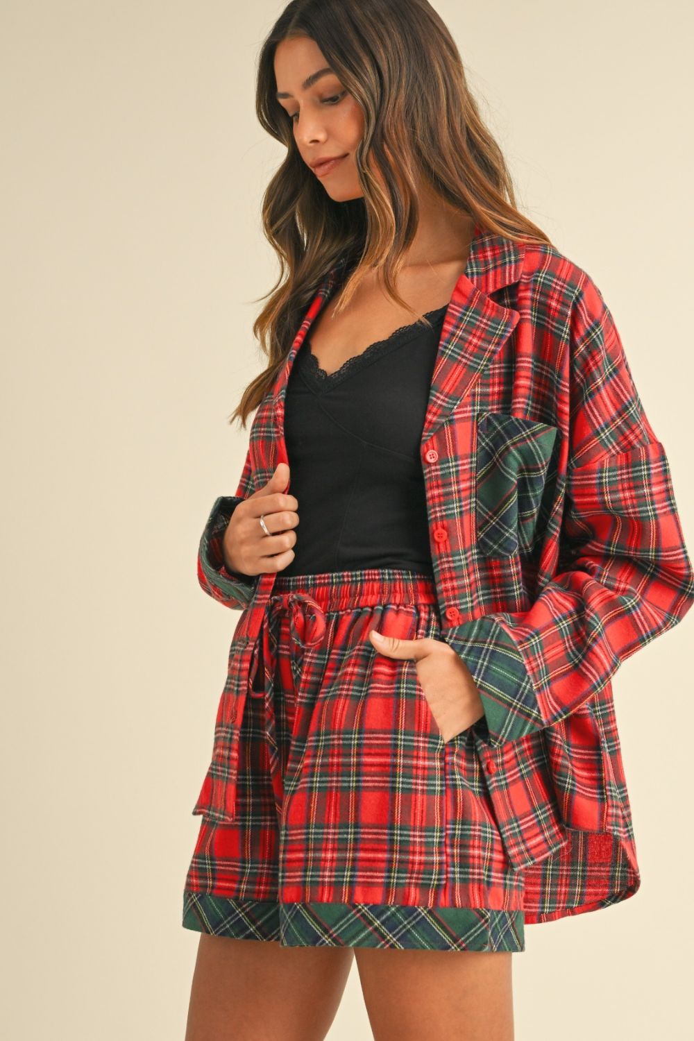 ANNIE WEAR - Red Plaid Long Sleeve Shirt & Shorts Lounge Set