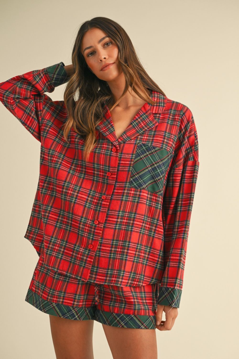 ANNIE WEAR - Red Plaid Long Sleeve Shirt & Shorts Lounge Set