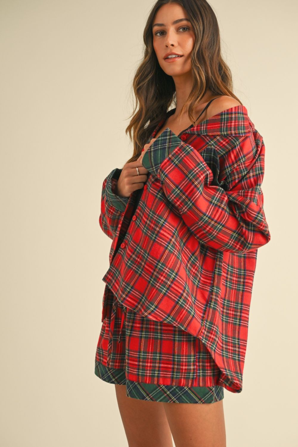 ANNIE WEAR - Red Plaid Long Sleeve Shirt & Shorts Lounge Set