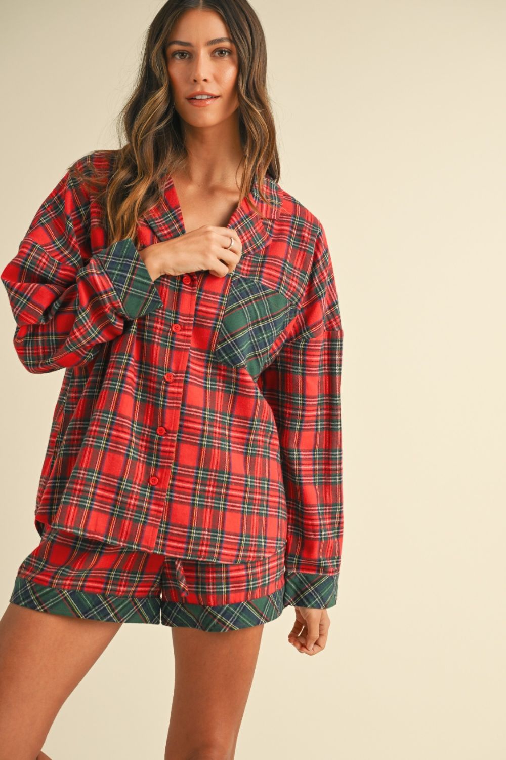 ANNIE WEAR - Red Plaid Long Sleeve Shirt & Shorts Lounge Set