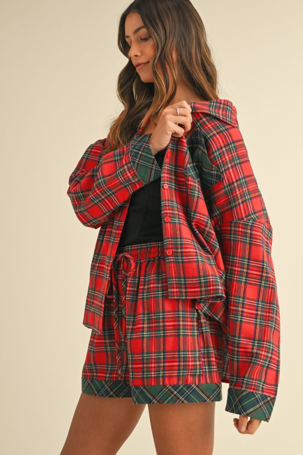 ANNIE WEAR - Red Plaid Long Sleeve Shirt & Shorts Lounge Set