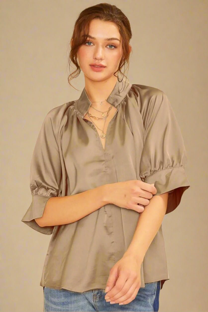 ANNIE WEAR - Satin Notch Neck Blouse in Mushroom