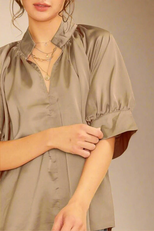 ANNIE WEAR - Satin Notch Neck Blouse in Mushroom