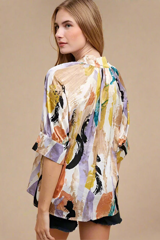 ANNIE WEAR - Satin Notch Neck Brushstroke Blouse in Watercolor