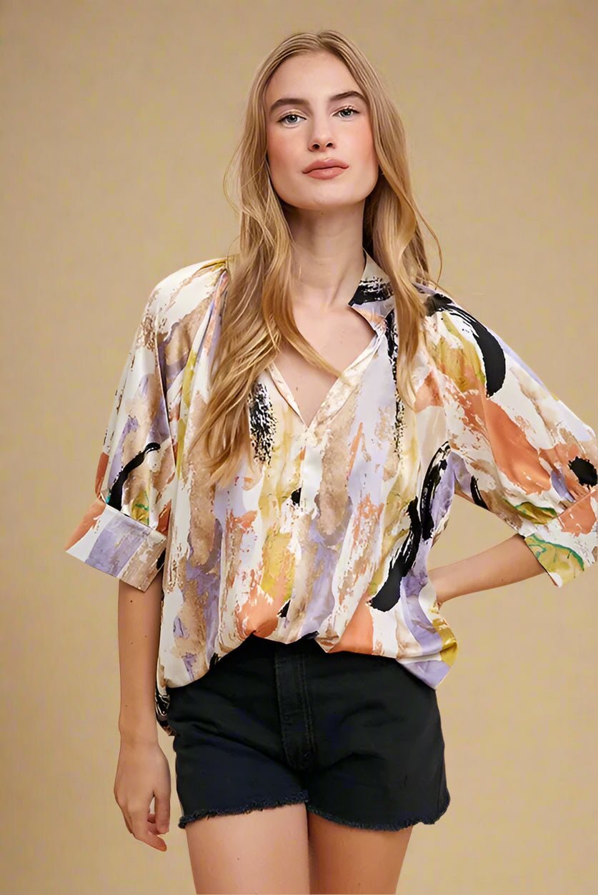 ANNIE WEAR - Satin Notch Neck Brushstroke Blouse in Watercolor