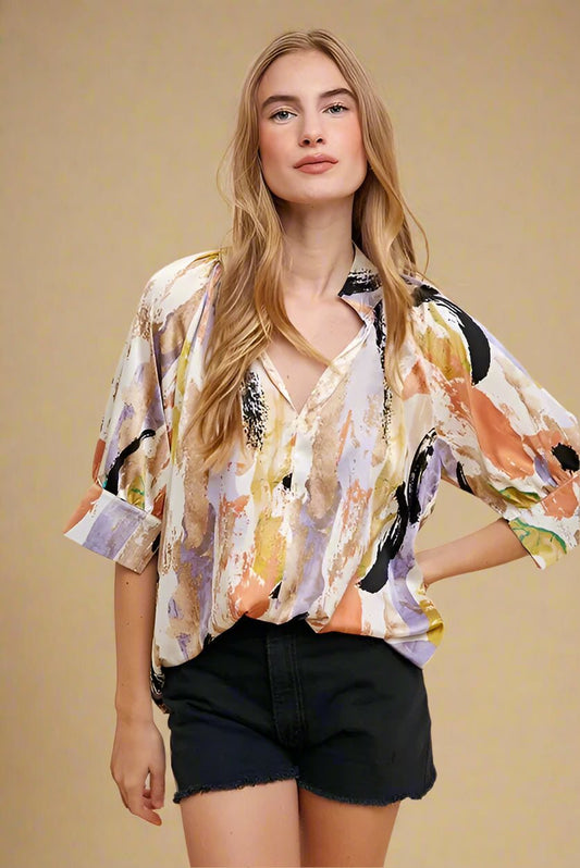 ANNIE WEAR - Satin Notch Neck Brushstroke Blouse in Watercolor