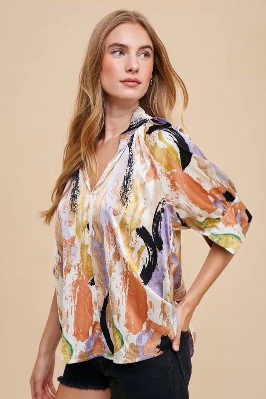 ANNIE WEAR - Satin Notch Neck Brushstroke Blouse in Watercolor
