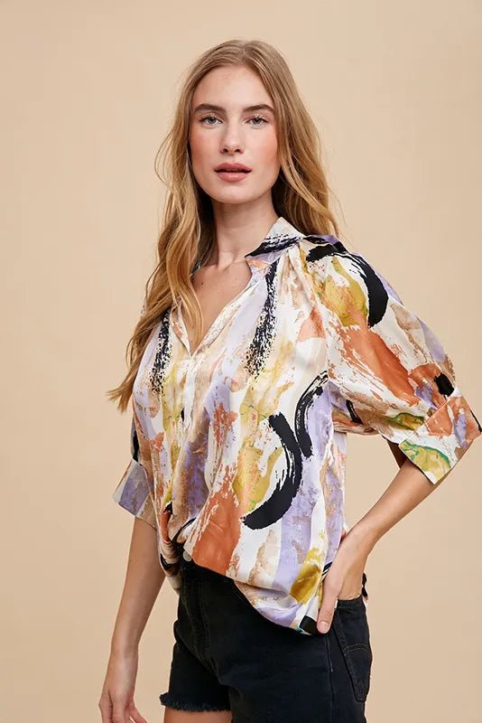 ANNIE WEAR - Satin Notch Neck Brushstroke Blouse in Watercolor