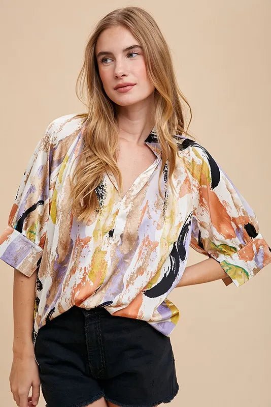ANNIE WEAR - Satin Notch Neck Brushstroke Blouse in Watercolor