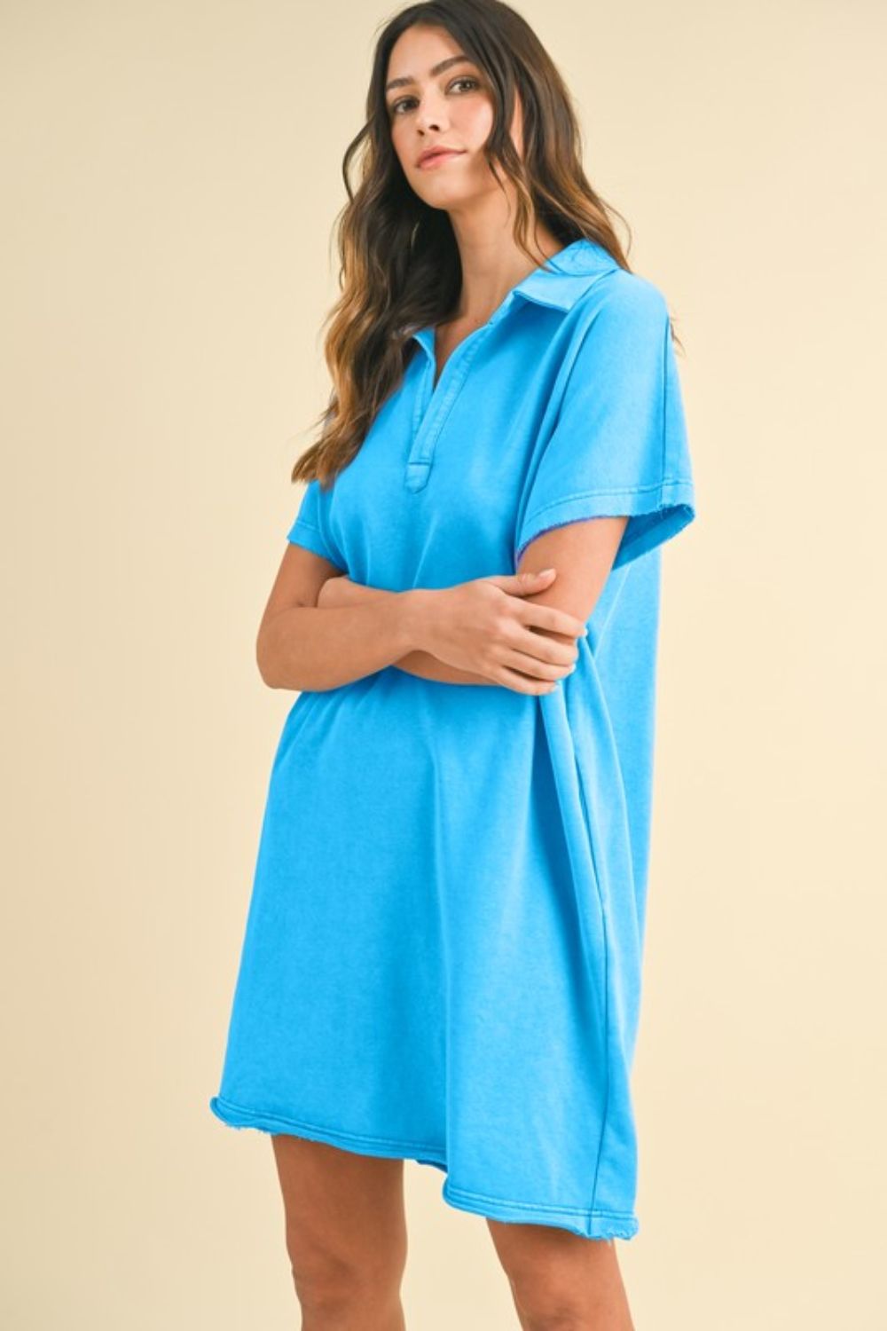 ANNIE WEAR - Sky Blue Mineral Washed Short Sleeve Mini Dress