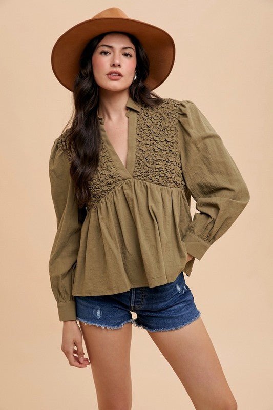 ANNIE WEAR - Smocked Front Babydoll Blouse in Olive