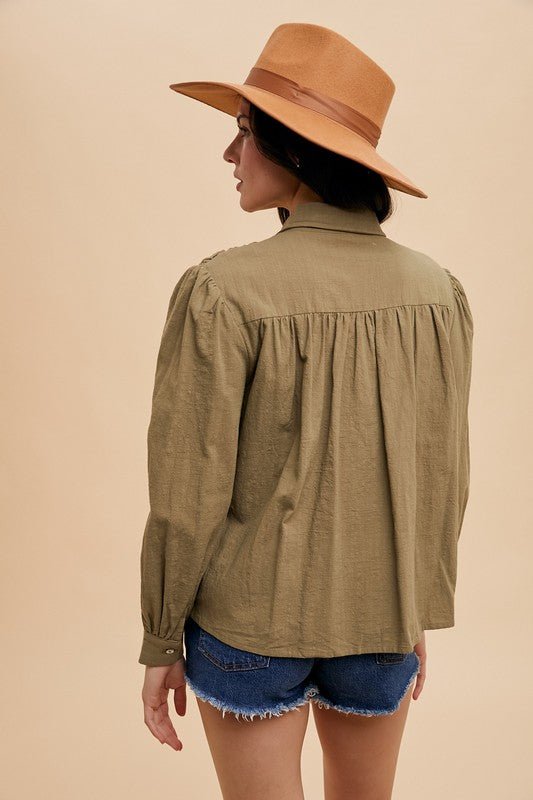 ANNIE WEAR - Smocked Front Babydoll Blouse in Olive