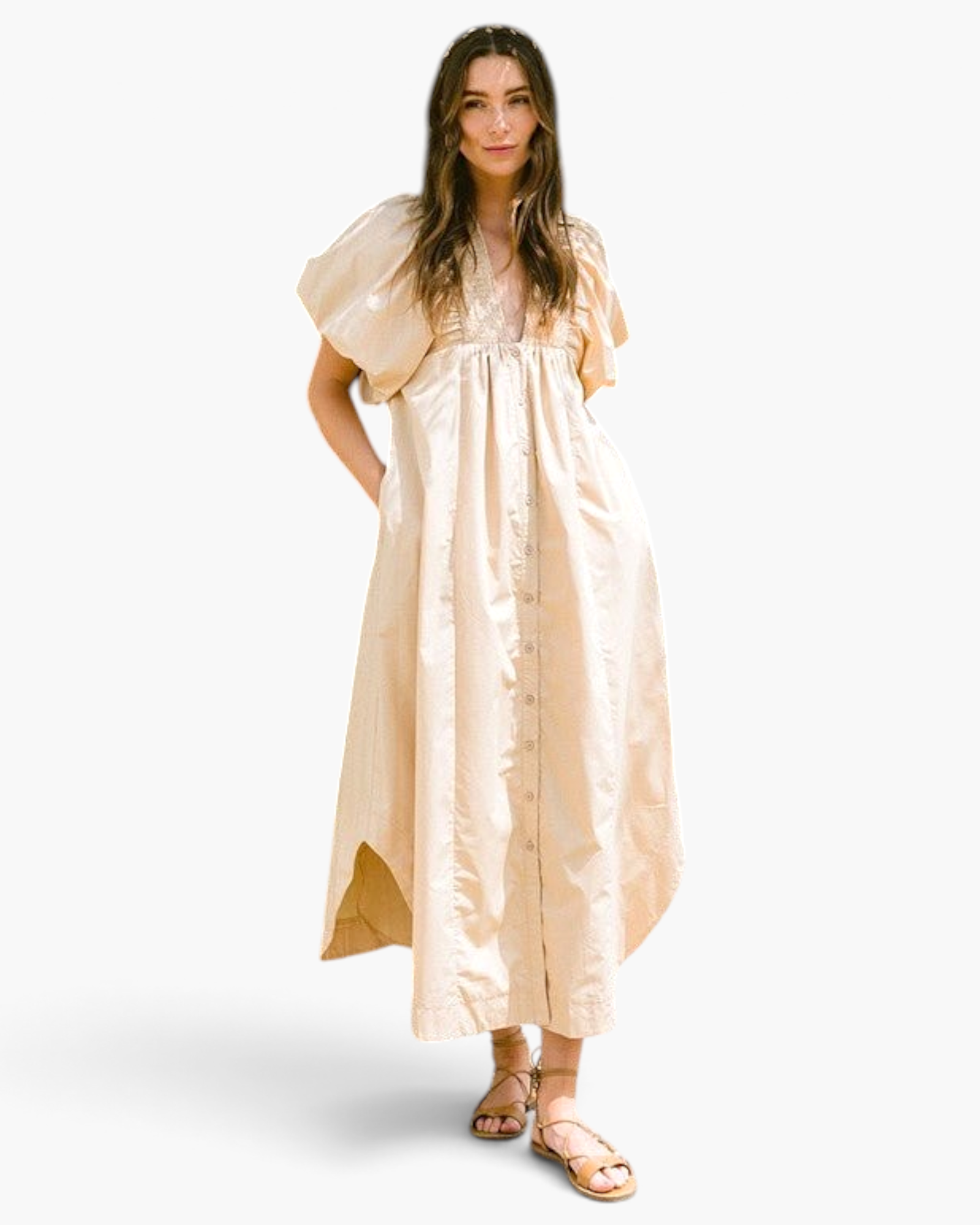 ANNIE WEAR - Smocked Puff Sleeve Midi Dress in Tan