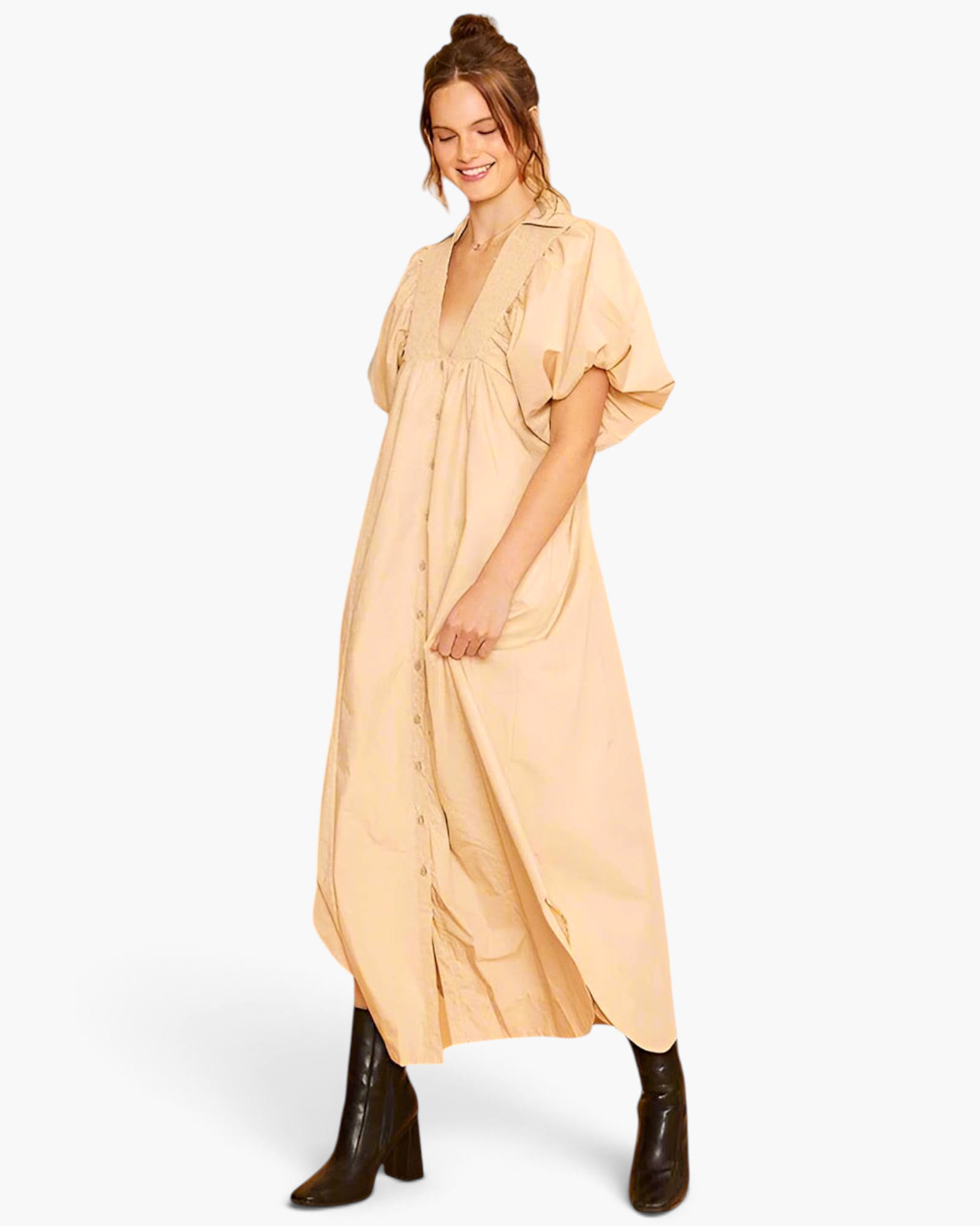 ANNIE WEAR - Smocked Puff Sleeve Midi Dress in Tan