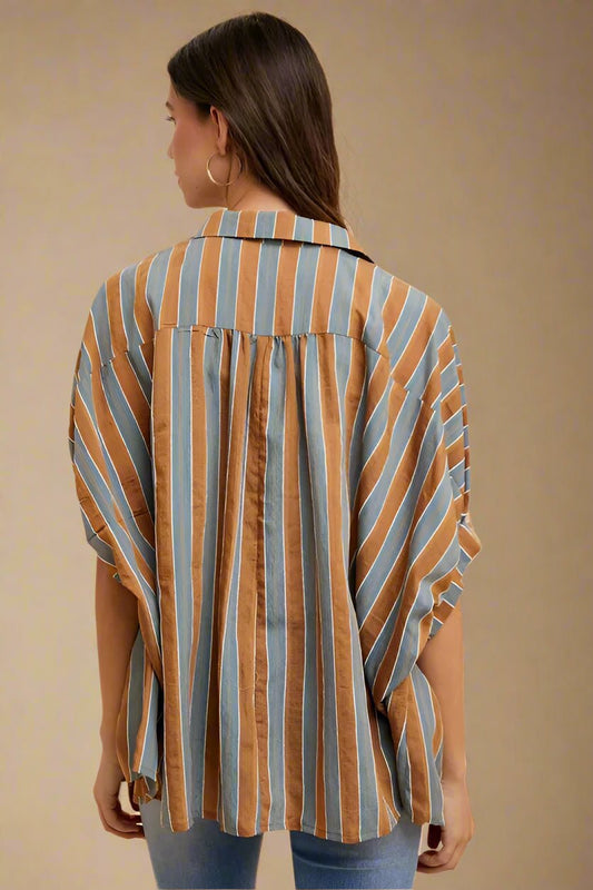 ANNIE WEAR - Striped Button Down Oversized Shirt in Rust & Blue
