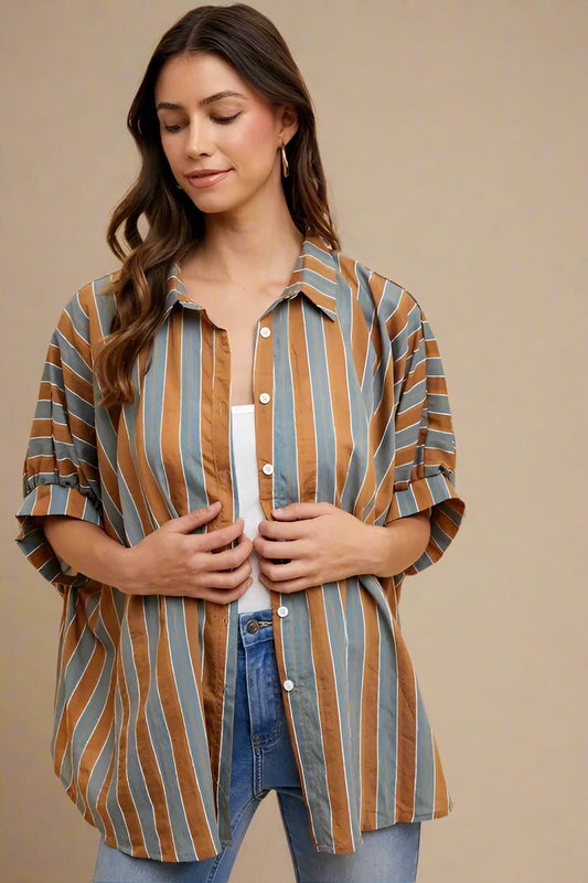 ANNIE WEAR - Striped Button Down Oversized Shirt in Rust & Blue