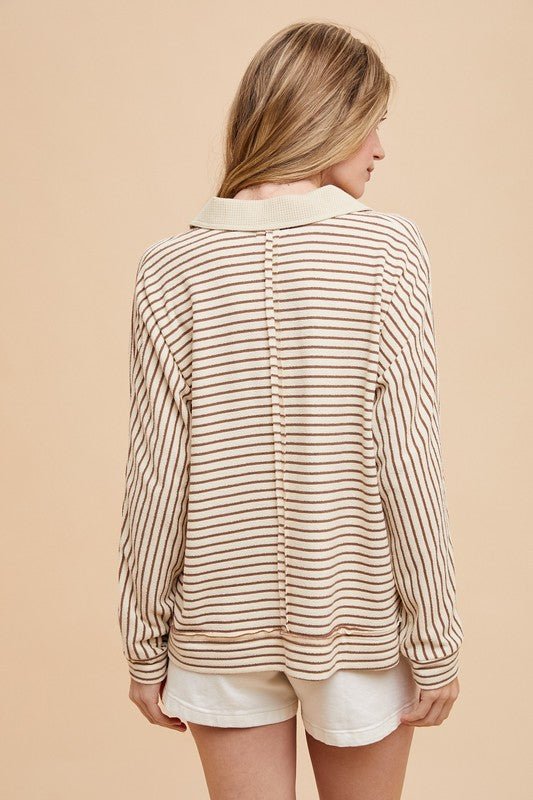 ANNIE WEAR - Striped Long Sleeve Polo Top in Taupe