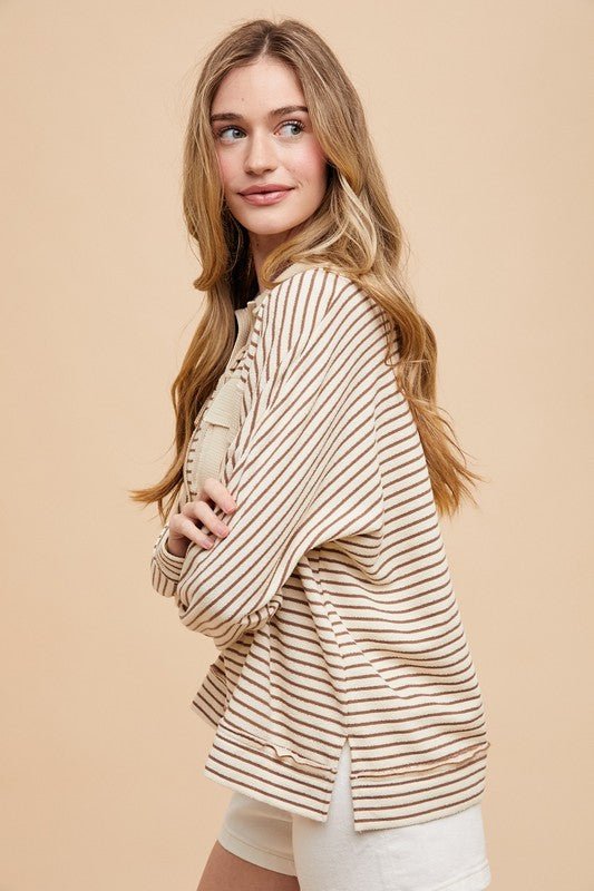 ANNIE WEAR - Striped Long Sleeve Polo Top in Taupe
