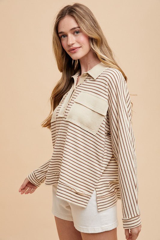 ANNIE WEAR - Striped Long Sleeve Polo Top in Taupe