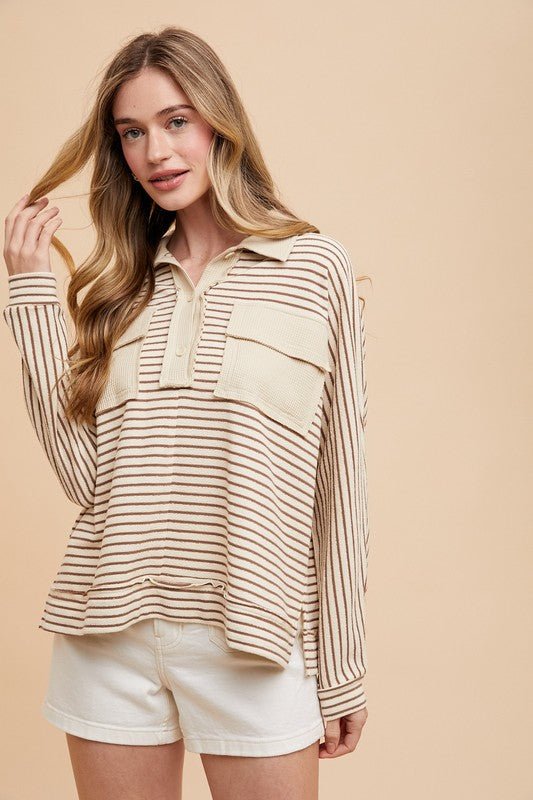 ANNIE WEAR - Striped Long Sleeve Polo Top in Taupe
