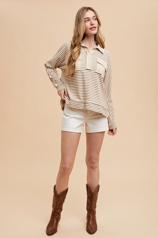 ANNIE WEAR - Striped Long Sleeve Polo Top in Taupe