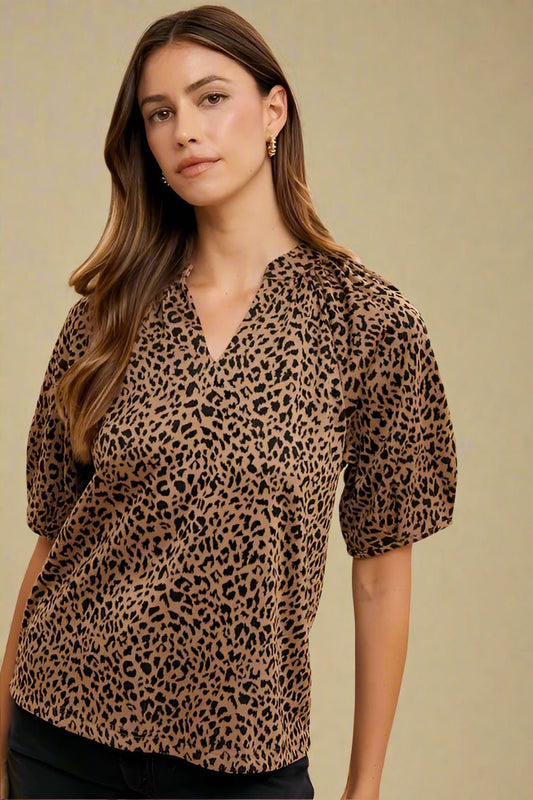 ANNIE WEAR - Tan & Black Leopard Print Puff Sleeve Blouse