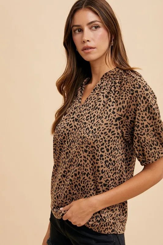 ANNIE WEAR - Tan & Black Leopard Print Puff Sleeve Blouse