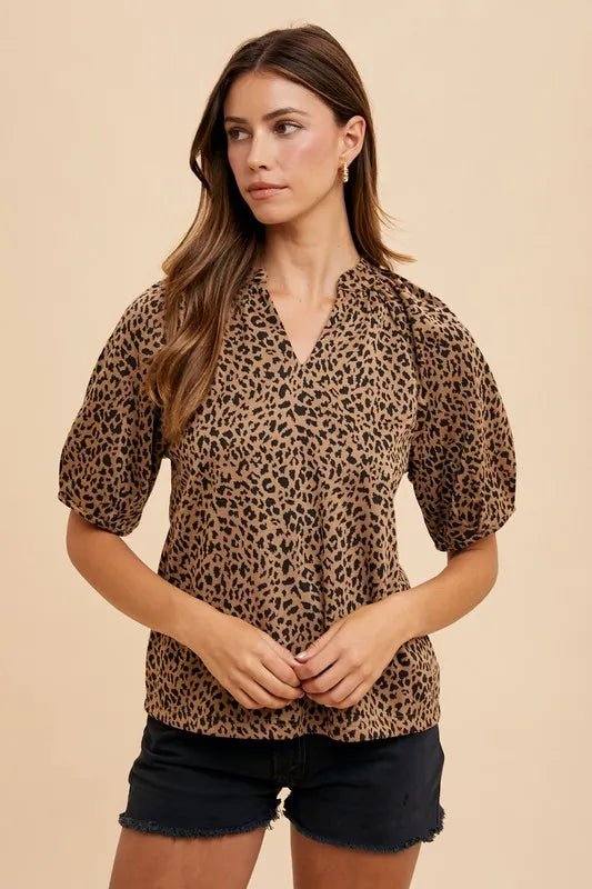 ANNIE WEAR - Tan & Black Leopard Print Puff Sleeve Blouse