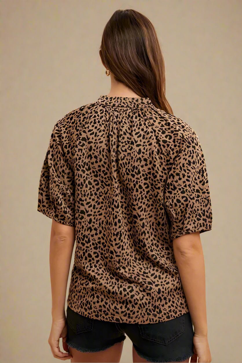 ANNIE WEAR - Tan & Black Leopard Print Puff Sleeve Blouse