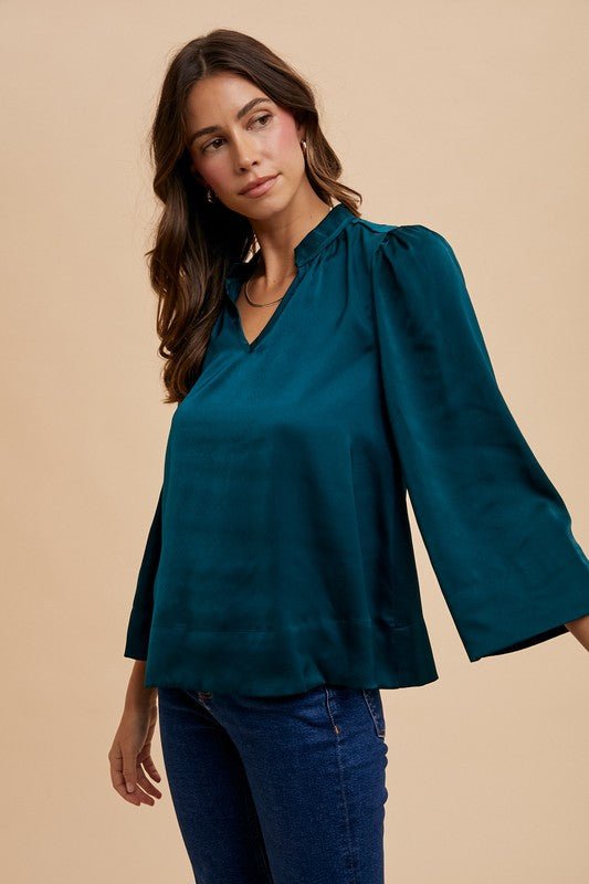 ANNIE WEAR - Three - Quarter Sleeve Satin Blouse in Deep Teal