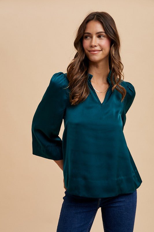 ANNIE WEAR - Three - Quarter Sleeve Satin Blouse in Deep Teal