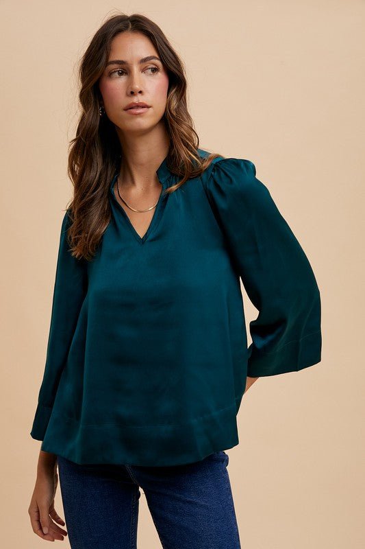 ANNIE WEAR - Three - Quarter Sleeve Satin Blouse in Deep Teal