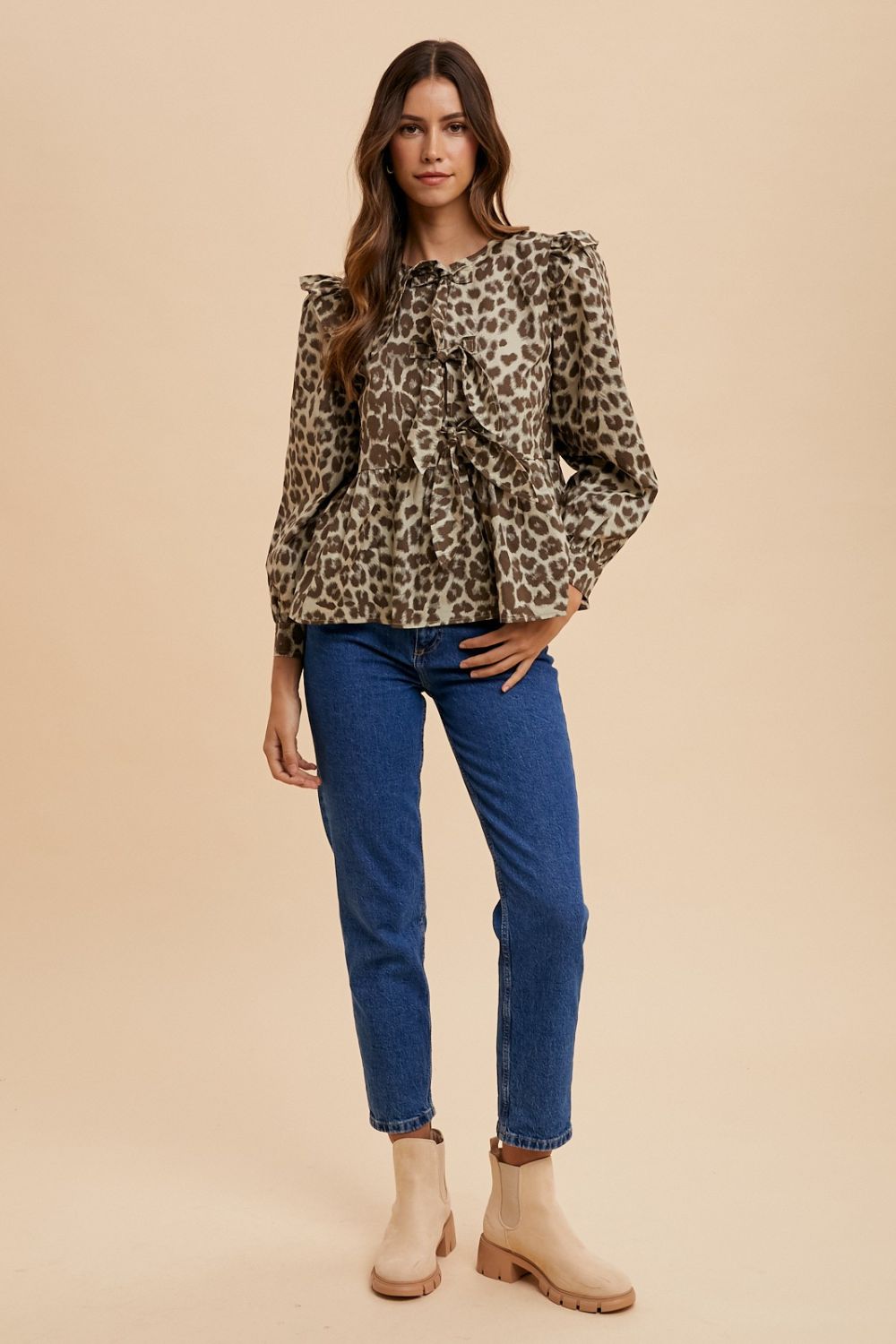 ANNIE WEAR - Tie Front Leopard Print Peplum Blouse in Mocha