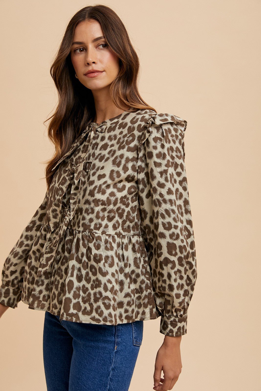 ANNIE WEAR - Tie Front Leopard Print Peplum Blouse in Mocha