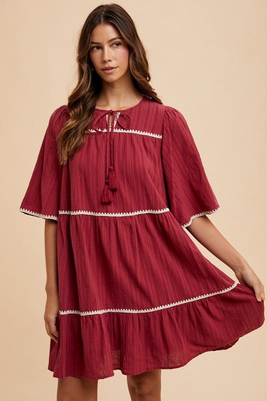 ANNIE WEAR - Tie Neck Half Sleeve Tiered Mini Dress in Burgundy