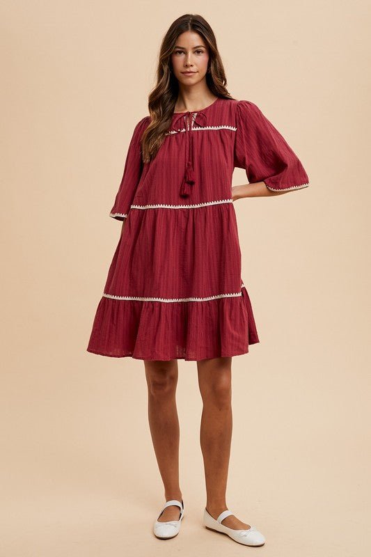 ANNIE WEAR - Tie Neck Half Sleeve Tiered Mini Dress in Burgundy