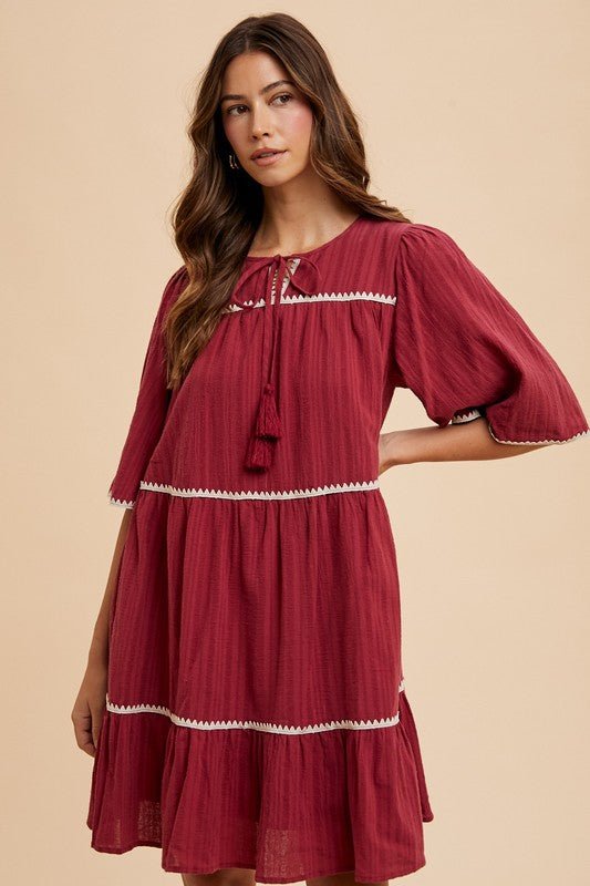 ANNIE WEAR - Tie Neck Half Sleeve Tiered Mini Dress in Burgundy