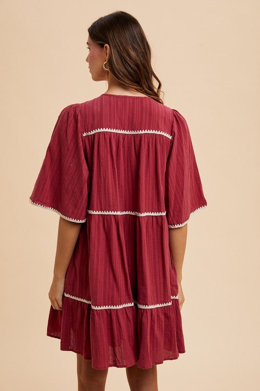 ANNIE WEAR - Tie Neck Half Sleeve Tiered Mini Dress in Burgundy
