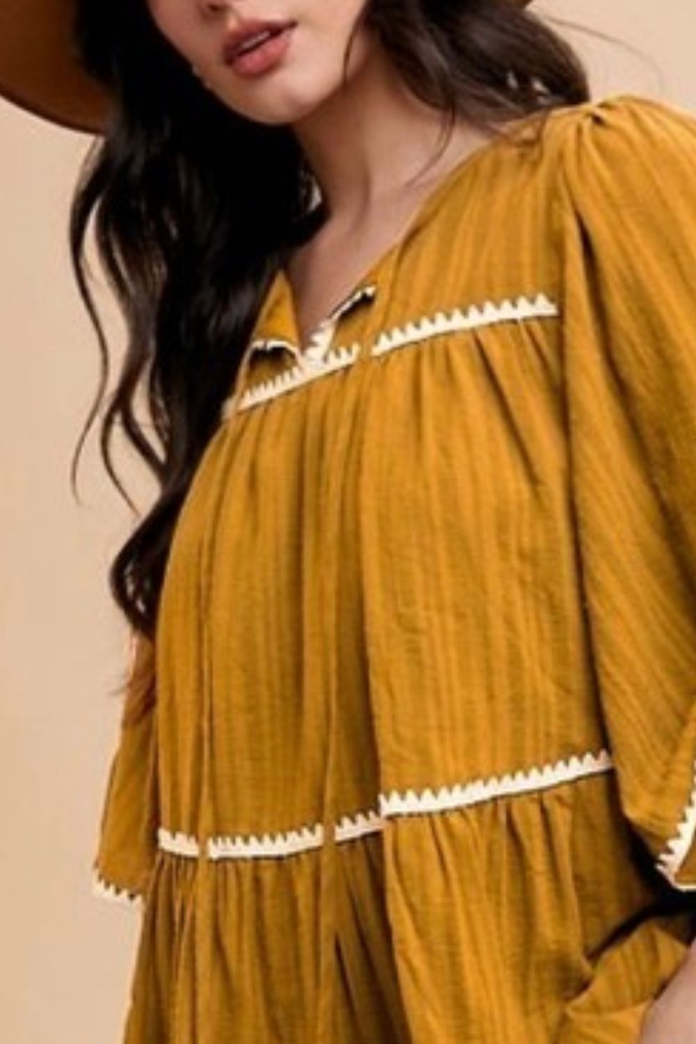 ANNIE WEAR - Tie Neck Half Sleeve Tiered Mini Dress in Harvest Gold