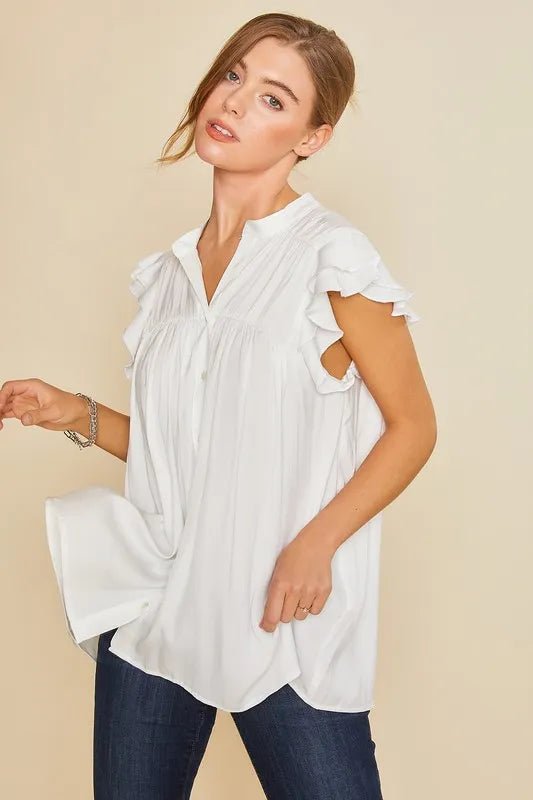 ANNIE WEAR - White Button - Down Ruffle Sleeve Blouse