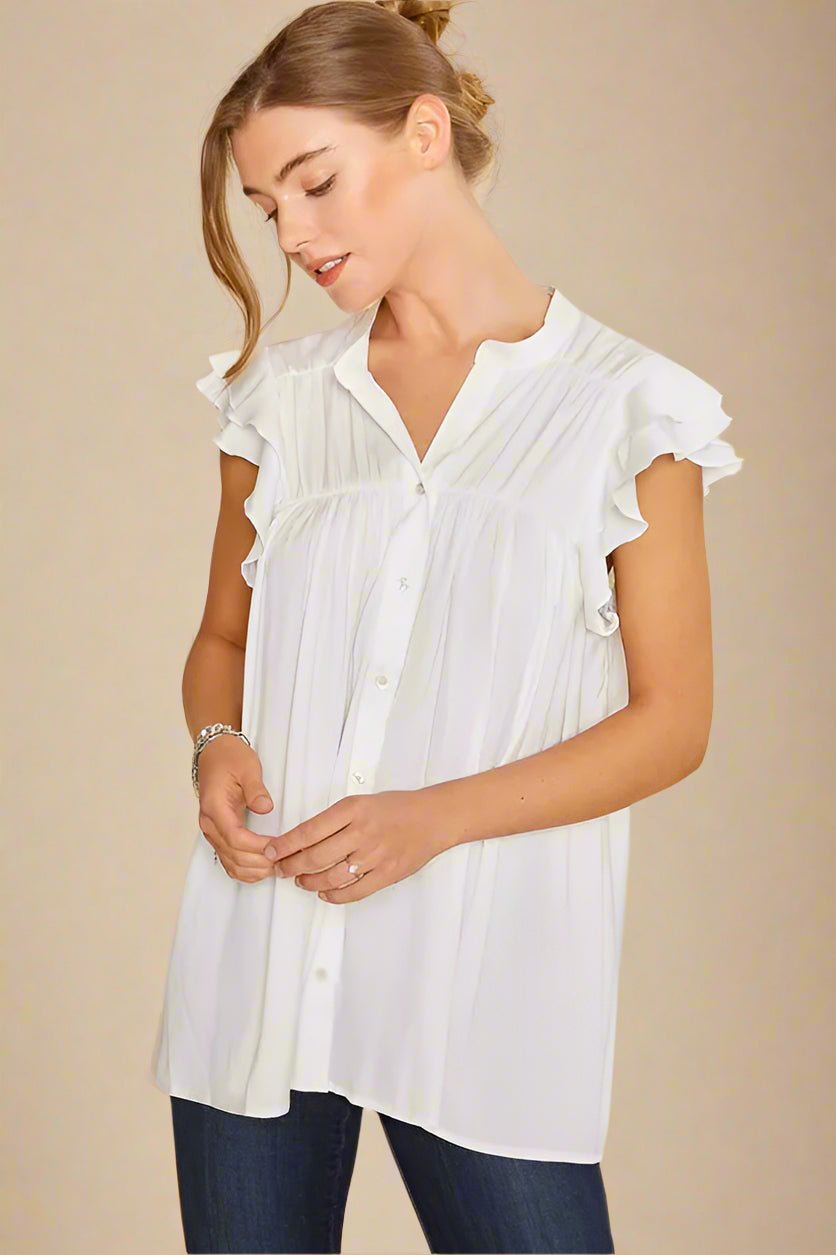 ANNIE WEAR - White Button - Down Ruffle Sleeve Blouse