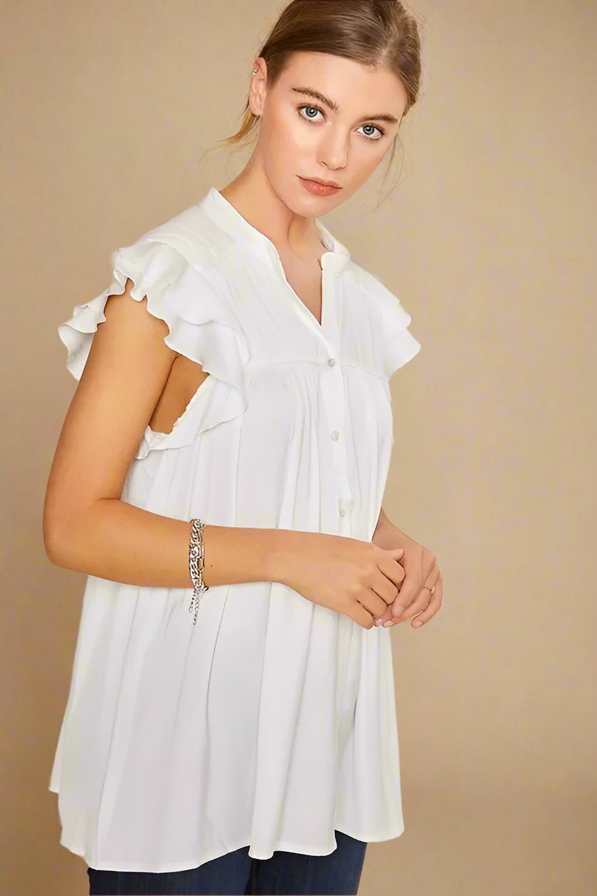 ANNIE WEAR - White Button - Down Ruffle Sleeve Blouse