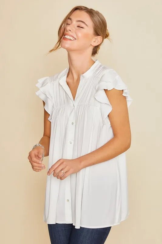 ANNIE WEAR - White Button - Down Ruffle Sleeve Blouse