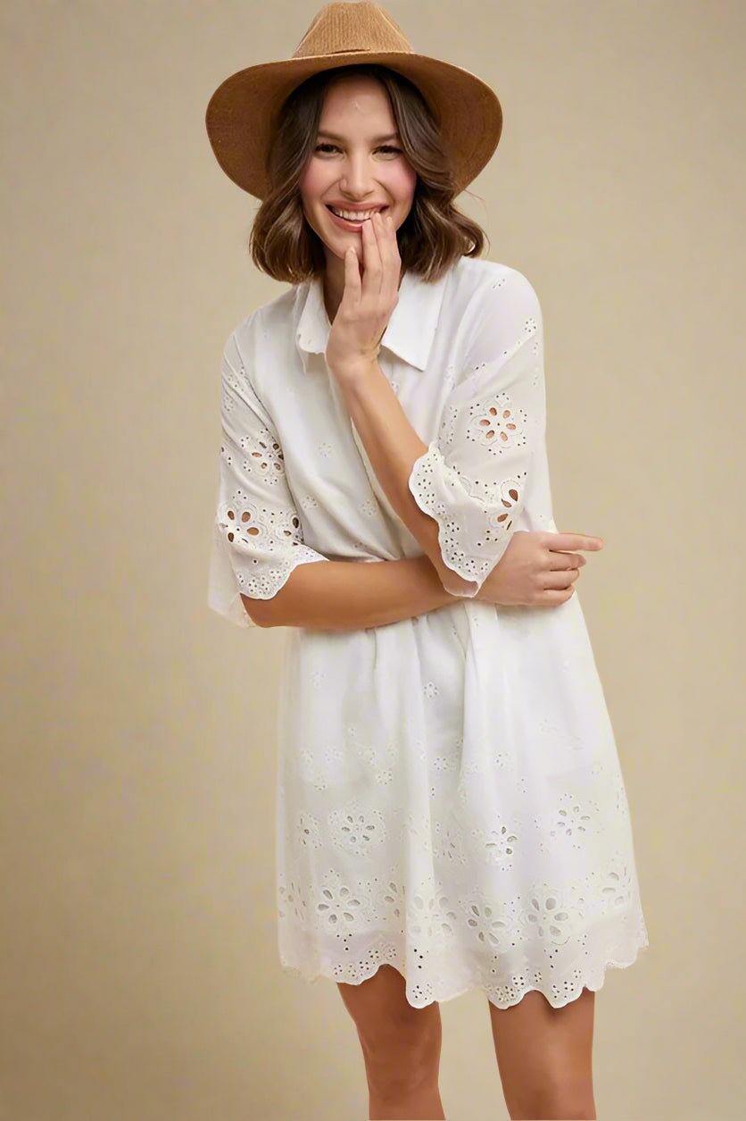 ANNIE WEAR - White Eyelet Embroidered Babydoll Mini Dress