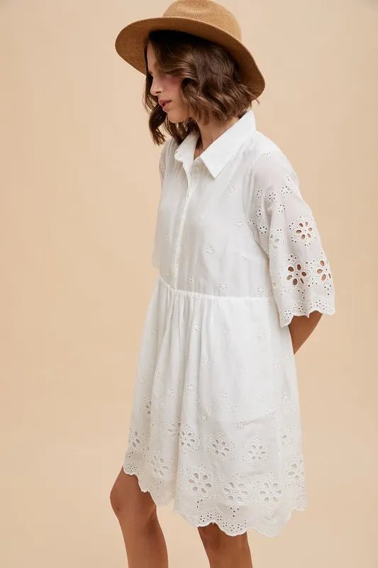 ANNIE WEAR - White Eyelet Embroidered Babydoll Mini Dress